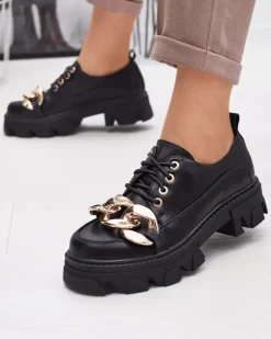 Półbuty^Royalfashion Czarne półbuty na płaskim obcasie Eqoia - Obuwie czarny