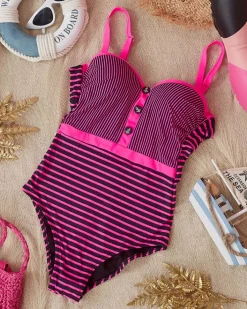 Stroje Kąpielowe|Plus Size^Royalfashion Czarny damski jednoczęściowy strój kąpielowy z różowymi paseczkami - Bielizna Fuksjowy