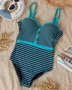 Stroje Kąpielowe|Plus Size^Royalfashion Czarny damski jednoczęściowy strój kąpielowy w miętowe paseczki - Bielizna mięta