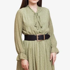 Paski^Royalfashion Czarny damski szeroki pasek z dużą złotą klamrą z cyrkoniami - Akcesoria