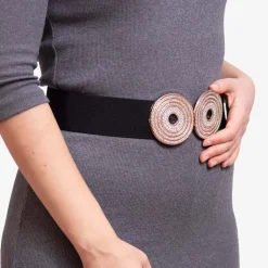 Paski^Royalfashion Czarny elastyczny pasek ze złotą klamrą z cyrkonami - Akcesoria