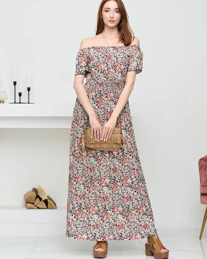 Sukienki Długie^Royalfashion Damska czarna wzorzysta sukienka maxi- Odzież czarny