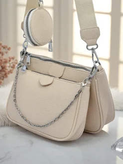 Małe Torebki^Royalfashion Damska torebka skórzana Perseida Multi Beige z łańcuszkiem i saszetką beżowy