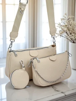 Małe Torebki^Royalfashion Damska torebka skórzana Perseida Multi Beige z łańcuszkiem i saszetką beżowy