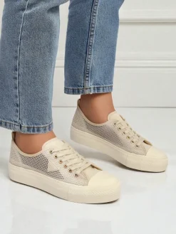 Trampki^Royalfashion Damskie beżowe tenisówki Callista Mesh – płaski obcas, kolekcja Lato Jesień beżowy