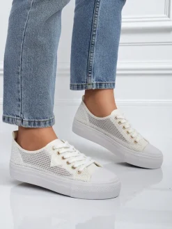 Trampki^Royalfashion Damskie białe sneakersy Ariadne Mesh – przewiewne trampki na płaskiej podeszwie biały
