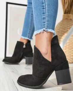 Botki Z Delikatnym Ociepleniem|Botki Na Słupku^Royalfashion Damskie botki na słupku z wycięciami w kolorze m Encura- Obuwie czarny