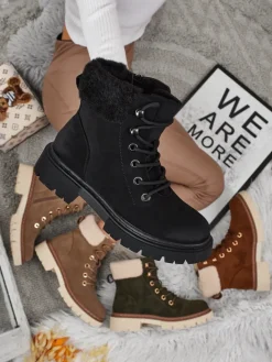 Botki Z Delikatnym Ociepleniem|Botki Na Płaskim Obcasie^Royalfashion Damskie botki trapery z kożuszkiem Tessara czarny