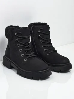 Botki Z Delikatnym Ociepleniem|Botki Na Płaskim Obcasie^Royalfashion Damskie botki trapery z kożuszkiem Tessara czarny