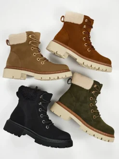 Botki Z Delikatnym Ociepleniem|Botki Na Płaskim Obcasie^Royalfashion Damskie botki trapery z kożuszkiem Tessara czarny