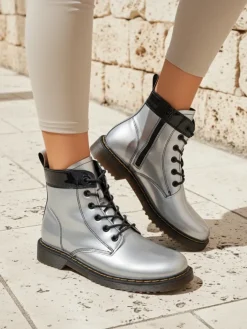 Botki Bez Ocieplenia|Botki Sznurowane^Royalfashion Damskie botki z ekologicznej skóry lakierowanej Echo Dust srebrny