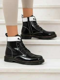 Botki Bez Ocieplenia|Botki Sznurowane^Royalfashion Damskie botki z ekologicznej skóry lakierowanej Echo Dust czarny