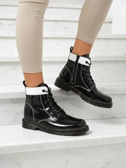 Botki Bez Ocieplenia|Botki Sznurowane^Royalfashion Damskie botki z ekologicznej skóry lakierowanej Echo Dust czarny