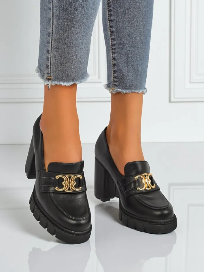 Półbuty|Mokasyny Na Obcasie^Royalfashion Damskie czółenka Nero Aurora na słupku ze złotą klamrą, skóra eko czarny