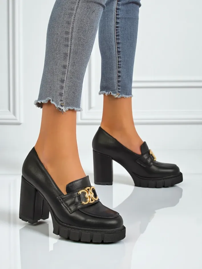 Półbuty|Mokasyny Na Obcasie^Royalfashion Damskie czółenka Nero Aurora na słupku ze złotą klamrą, skóra eko czarny