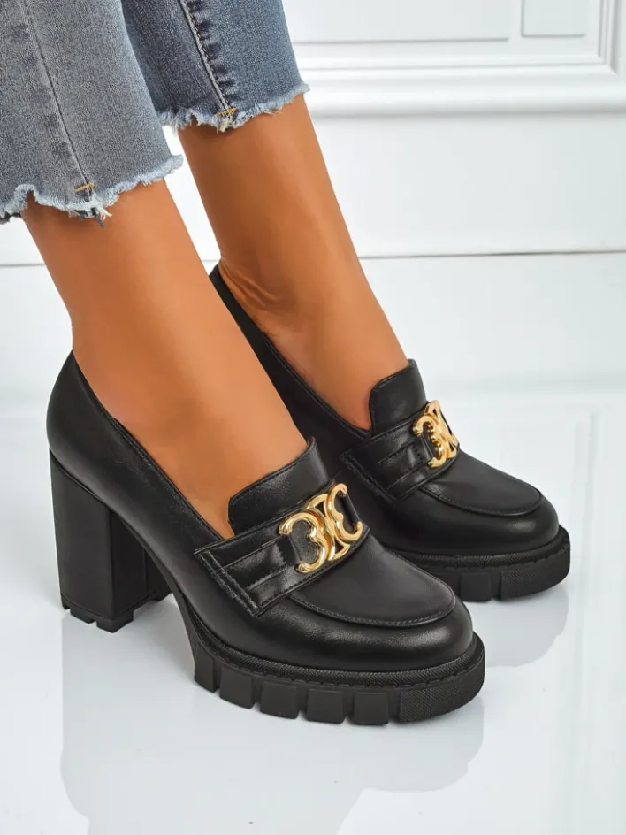 Półbuty|Mokasyny Na Obcasie^Royalfashion Damskie czółenka Nero Aurora na słupku ze złotą klamrą, skóra eko czarny