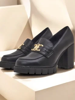 Półbuty|Mokasyny Na Obcasie^Royalfashion Damskie czółenka Nero Aurora na słupku ze złotą klamrą, skóra eko czarny