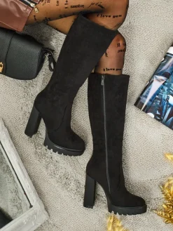 Kozaki Na Obcasie|Kozaki Z Ociepleniem^Royalfashion Damskie kozaki eko zamszowe na słupku GaleNest czarny