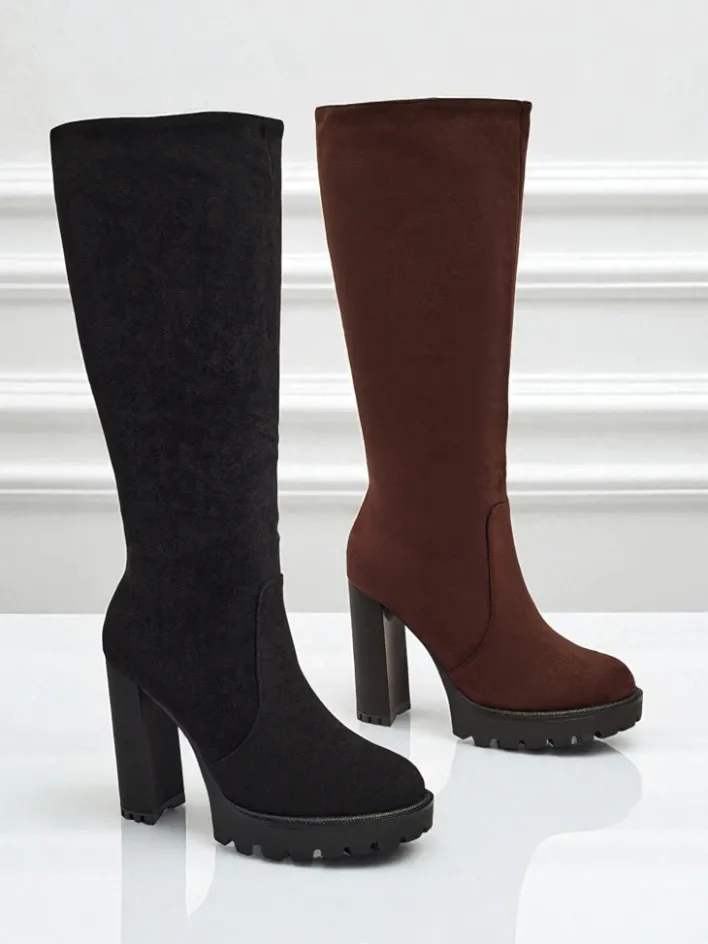 Kozaki Na Obcasie|Kozaki Z Ociepleniem^Royalfashion Damskie kozaki eko zamszowe na słupku GaleNest czarny