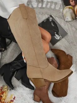 Kozaki Na Obcasie|Kozaki Bez Ocieplenia^Royalfashion Damskie kozaki typu kowbojki Marivelle jasny brązowy