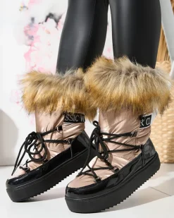 Śniegowce^Royalfashion Damskie lakierowane buty a'la śniegowce w złoto- różowym kolorze Fursav- Obuwie złoty