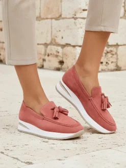 Półbuty^Royalfashion Damskie mokasyny Ariadne różowe na koturnie skóra ekologiczna casual różowy