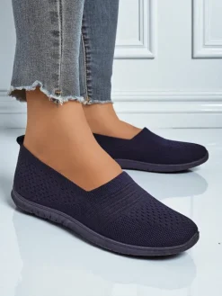 Półbuty^Royalfashion Damskie mokasyny Lyra Granatowe oddychające tkanina na płaskiej podeszwie Granatowy