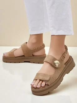 Ugc|Sandały Płaskie^Royalfashion Damskie sandały Callisto brązowe skóra ekologiczna platforma brązowy