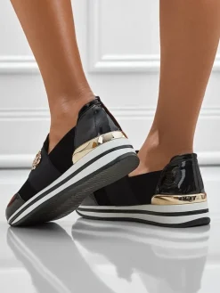 Półbuty^Royalfashion Damskie slip-ony Elektra Nero ze złotym akcentem, skóra ekologiczna, 3,5cm czarny