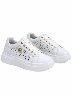 Ugc|Sneakersy^Royalfashion Damskie sneakersy Calista Bianco z eko skóry, ażurowe, wiosenne 4,5 cm biały