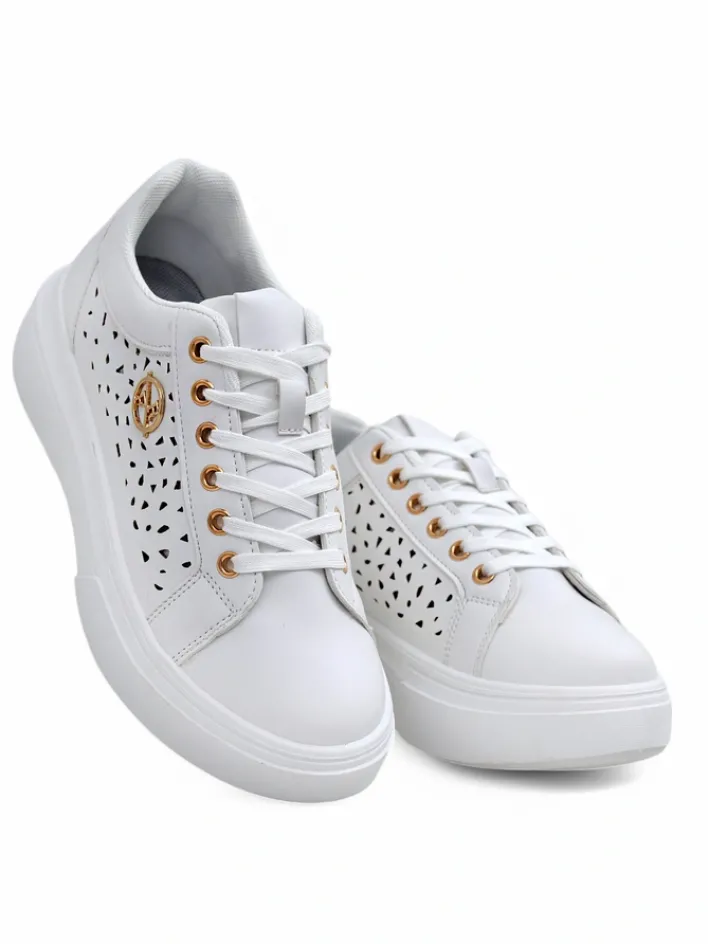 Ugc|Sneakersy^Royalfashion Damskie sneakersy Calista Bianco z eko skóry, ażurowe, wiosenne 4,5 cm biały