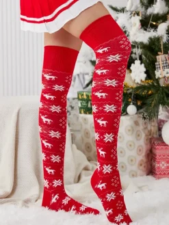 Skarpetki^Royalfashion Damskie świąteczne skarpety za kolano w kolorze m- Bielizna czerwony