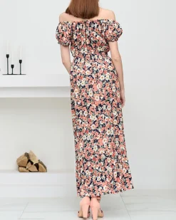 Sukienki Letnie|Sukienki Długie^Royalfashion Długa letnia granatowa sukienka damska w koralowe kwiaty- Odzież Granatowy