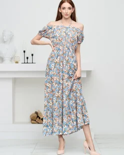 Sukienki Letnie|Sukienki Długie^Royalfashion Długa letnia pomarańczowa sukienka damska w niebieskie kwiaty- Odzież Ecru