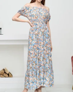 Sukienki Letnie|Sukienki Długie^Royalfashion Długa letnia pomarańczowa sukienka damska w niebieskie kwiaty- Odzież Ecru