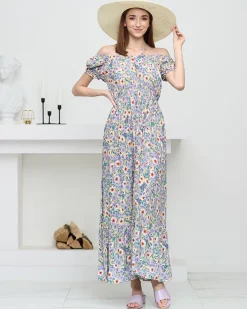 Sukienki Letnie|Sukienki Długie^Royalfashion Długa letnia zielona sukienka damska w fioletowe kwiaty- Odzież fioletowy