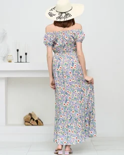 Sukienki Letnie|Sukienki Długie^Royalfashion Długa letnia zielona sukienka damska w fioletowe kwiaty- Odzież fioletowy