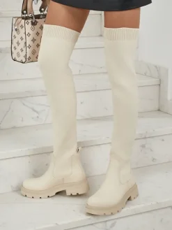 Kozaki Na Płaskim Obcasie|Kozaki Bez Ocieplenia^Royalfashion Długie damskie wsuwane kozaki Orlina krem