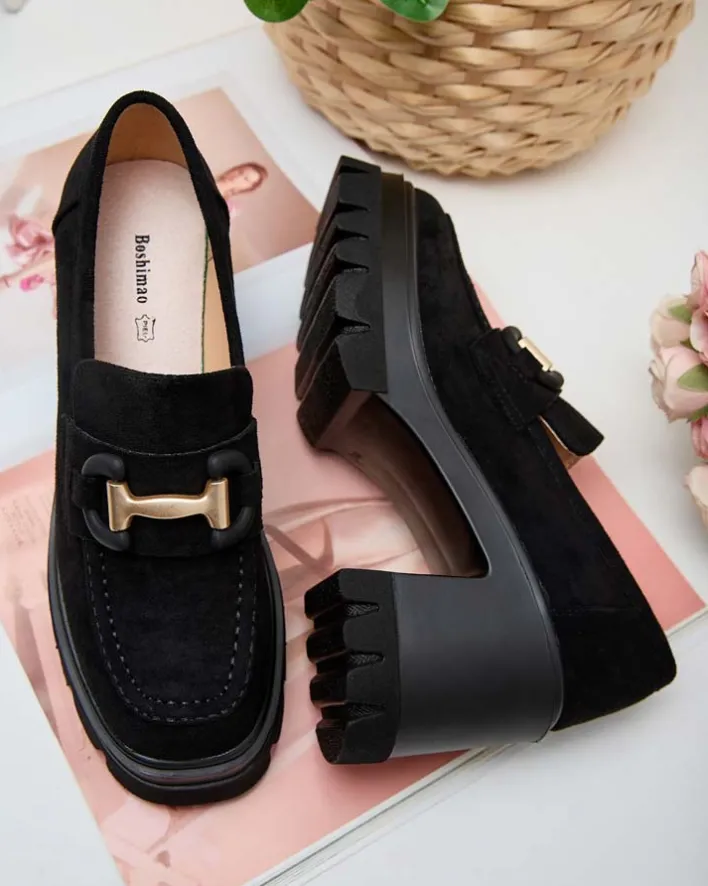 Półbuty|Mokasyny Na Obcasie^Royalfashion Eleganckie Sandały Vulcano w Kolorze Czarnego Zamszu czarny