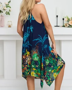 Sukienki Letnie|Sukienki Krótkie^Royalfashion Granatowa damska letnia sukienka z motywem roślinnym- Odzież Wielokolorowe