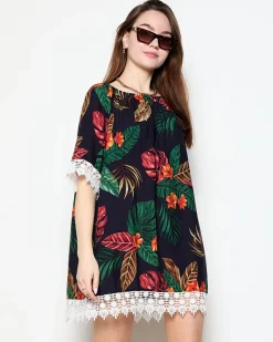 Narzutka Plażowa|Plus Size^Royalfashion Granatowa tunika damska w kwiatki - Odzież Granatowy