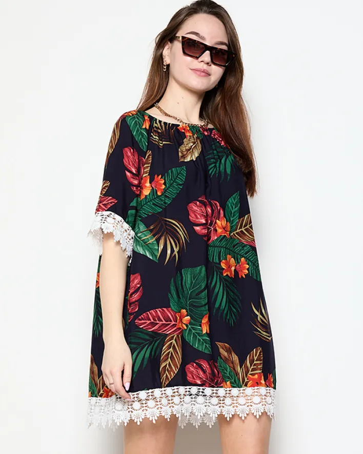 Narzutka Plażowa|Plus Size^Royalfashion Granatowa tunika damska w kwiatki - Odzież Granatowy