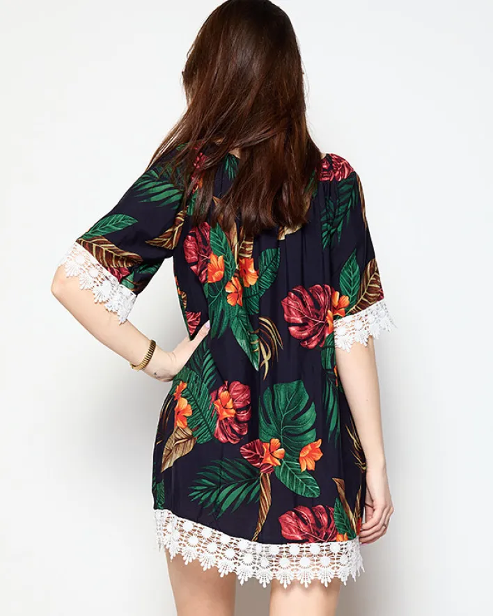 Narzutka Plażowa|Plus Size^Royalfashion Granatowa tunika damska w kwiatki - Odzież Granatowy