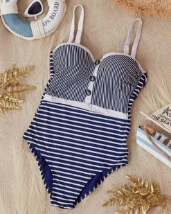 Stroje Kąpielowe|Plus Size^Royalfashion damski jednoczęściowy strój kąpielowy w białe paseczki - Bielizna Granatowy