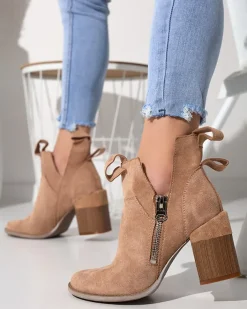 Botki Bez Ocieplenia|Botki Na Słupku^Royalfashion Jasnobrązowe damskie botki na kwadratowym słupku Darera - Obuwie jasny brązowy