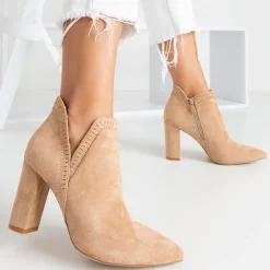 Botki Bez Ocieplenia|Botki Na Słupku^Royalfashion Jasnobrązowe damskie botki na słupku z wycięciem Karmelita - Obuwie jasny brązowy