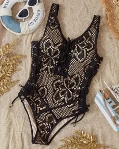 Stroje Kąpielowe^Royalfashion Jednoczęściowy damski strój kąpielowy z koronką- Bielizna czarny