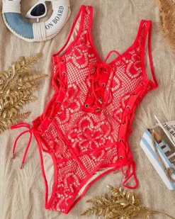 Stroje Kąpielowe^Royalfashion Jednoczęściowy damski strój kąpielowy z koronką- Bielizna czerwony