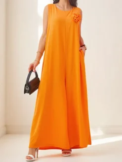 Kombinezony^Royalfashion Kombinezon Callisto Pomaranczowy – Nowoczesna Elegancja z Wiskozy na Lato pomarańczowy