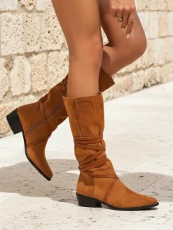 Kozaki Bez Ocieplenia^Royalfashion Kozaki damskie Lavinia skóra ekologiczna zamszowa styl włoski Camel